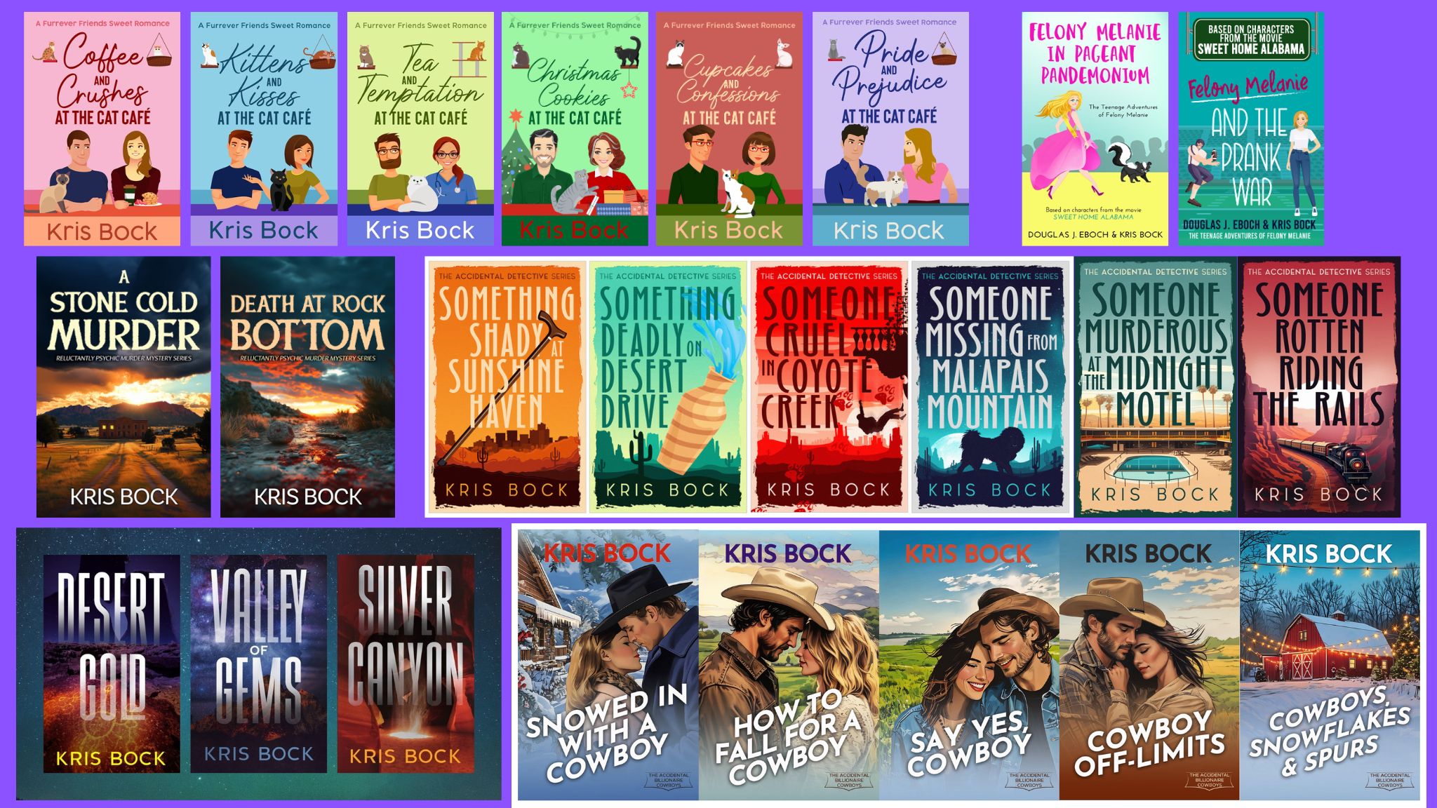 A variety of book covers on a purple background.